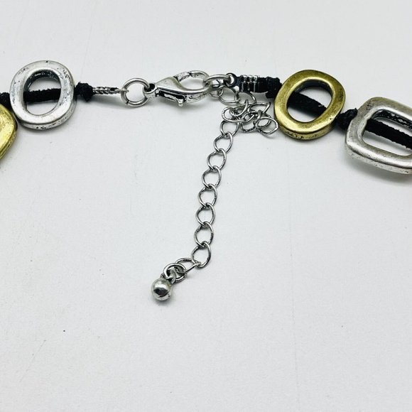 Open Square Necklace Black Suede Cord Mixed Metal Tones Modernist Classic Career - Picture 5 of 9